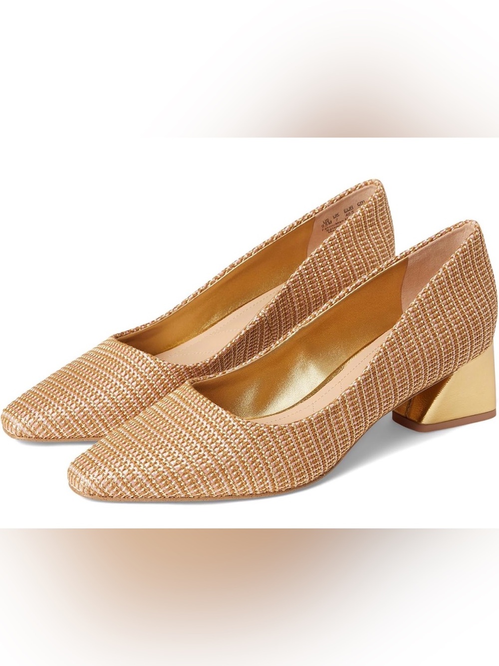 Franco Sarto “Jesslyn” Gold Woven Block-Heel Pumps